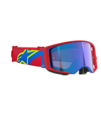 Alpinestars Supertech Corp Goggles Absolute Vision, maschera da motocross, montatura rossa e blu con lente blu specchiata, fascia rossa e blu con logo Alpinestars a stella giallo, occhiali professionali per corse fuoristrada