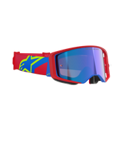 Alpinestars Supertech Corp Goggles Absolute Vision, maschera da motocross, montatura rossa e blu con lente blu specchiata, fascia rossa e blu con logo Alpinestars a stella giallo, occhiali professionali per corse fuoristrada