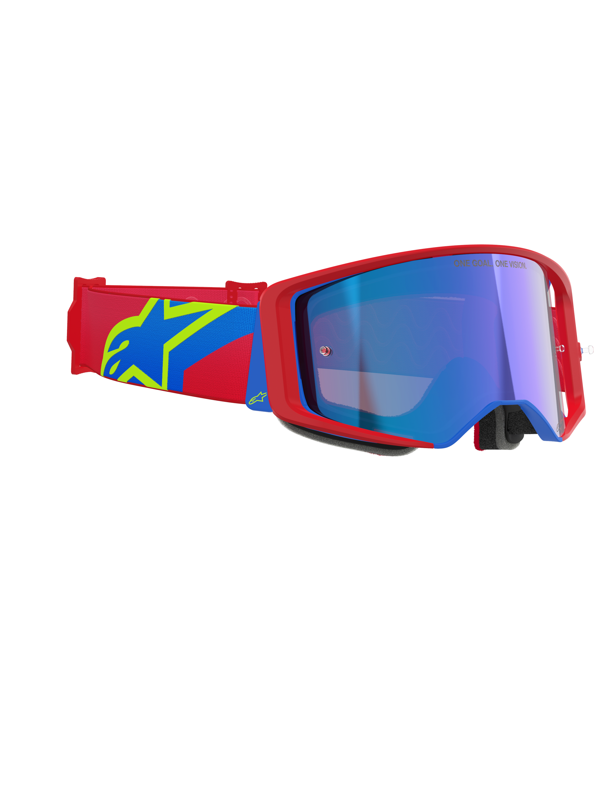Alpinestars Supertech Corp Goggles Absolute Vision, maschera da motocross, montatura rossa e blu con lente blu specchiata, fascia rossa e blu con logo Alpinestars a stella giallo, occhiali professionali per corse fuoristrada