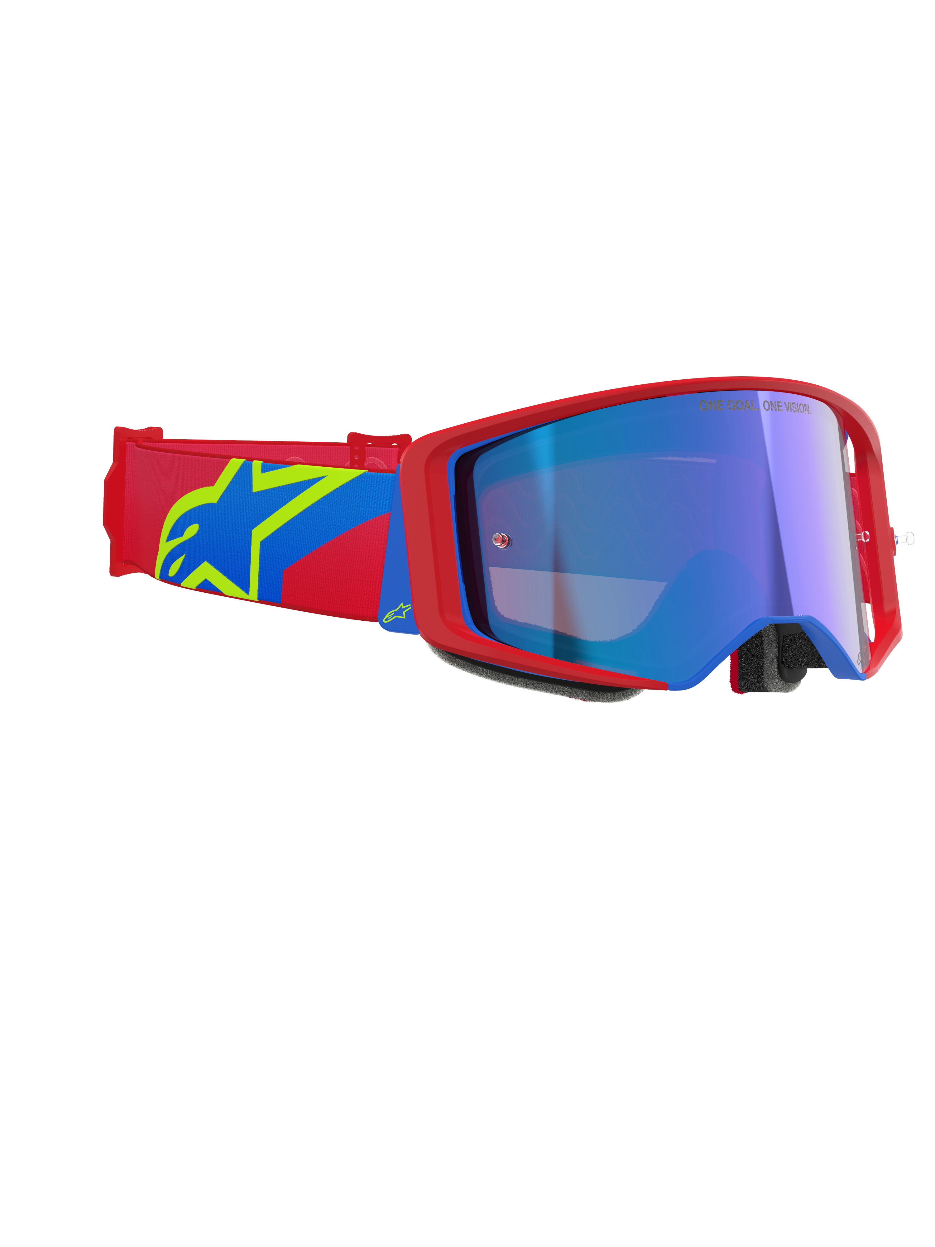 Alpinestars Supertech Corp Goggles Absolute Vision, maschera da motocross, montatura rossa e blu con lente blu specchiata, fascia rossa e blu con logo Alpinestars a stella giallo, occhiali professionali per corse fuoristrada