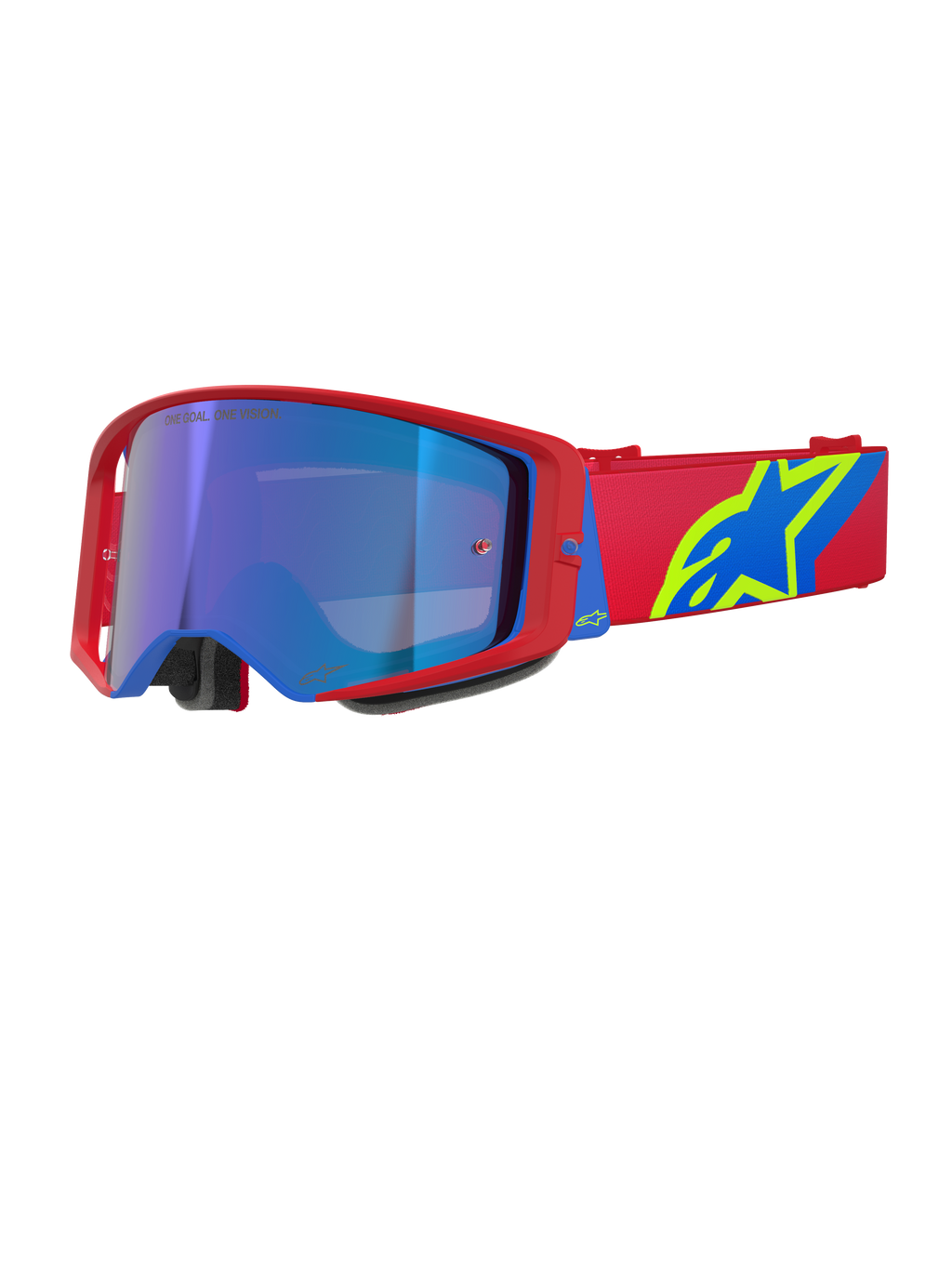 Alpinestars Supertech Corp Goggles Absolute Vision, maschera da motocross, montatura rossa e blu con lente blu specchiata, fascia rossa con logo Alpinestars giallo e blu, occhiali ad alte prestazioni per off-road e competizioni