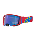 Alpinestars Supertech Corp Goggles Absolute Vision, maschera da motocross, montatura rossa e blu con lente blu specchiata, fascia rossa con logo Alpinestars giallo e blu, occhiali ad alte prestazioni per off-road e competizioni
