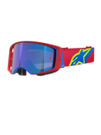 Alpinestars Supertech Corp Goggles Absolute Vision, maschera da motocross, montatura rossa e blu con lente blu specchiata, fascia rossa con logo Alpinestars giallo e blu, occhiali ad alte prestazioni per off-road e competizioni