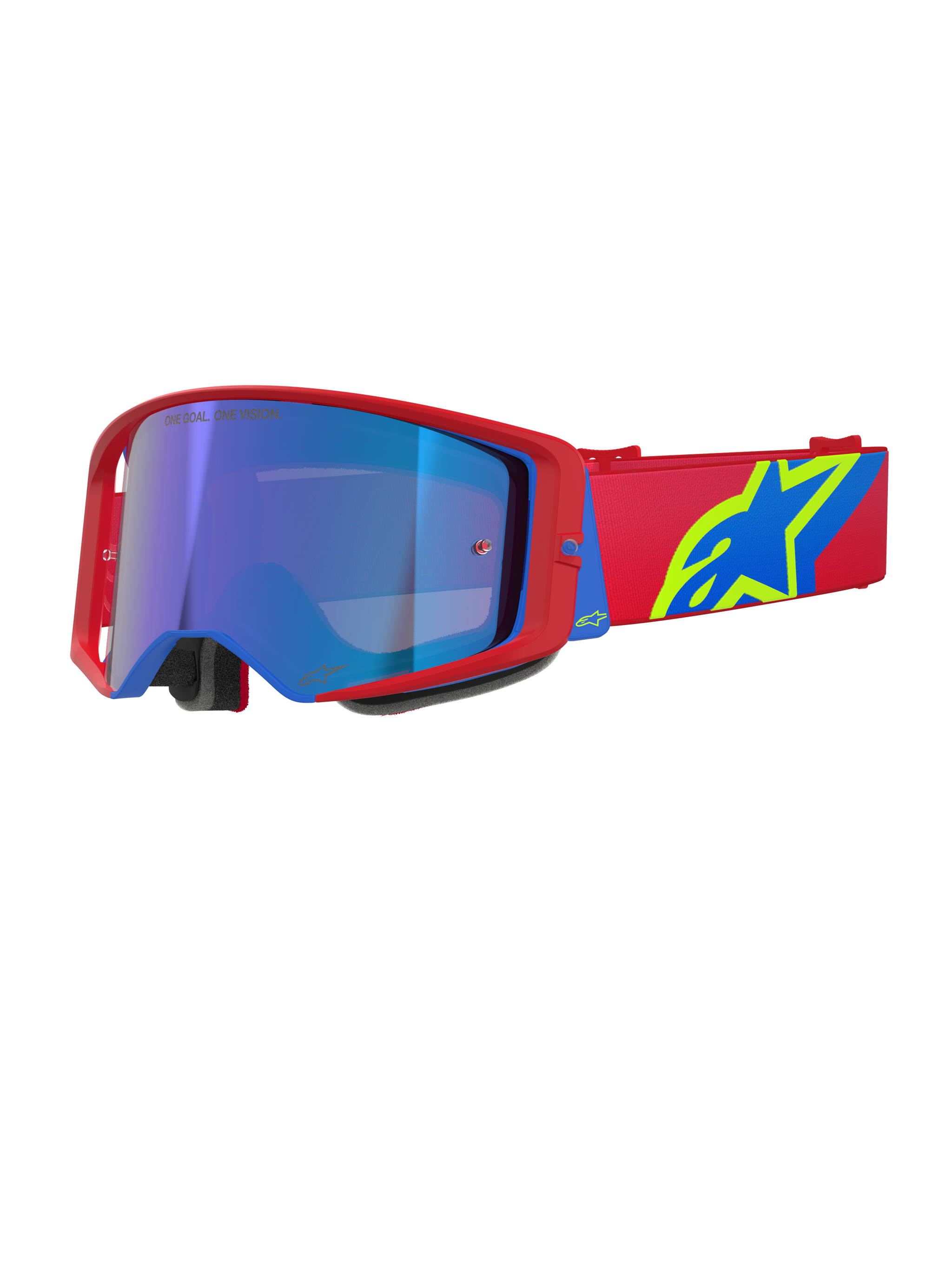 Alpinestars Supertech Corp Goggles Absolute Vision, maschera da motocross, montatura rossa e blu con lente blu specchiata, fascia rossa con logo Alpinestars giallo e blu, occhiali ad alte prestazioni per off-road e competizioni
