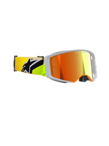 Occhiali Alpinestars Supertech Corp Absolute Vision, maschera da motocross, giallo fluo e grigio, lente rossa a specchio, vista laterale con ampia visione periferica e fascia giallo fluo con logo Alpinestars nero, attrezzatura professionale per gare off-road.