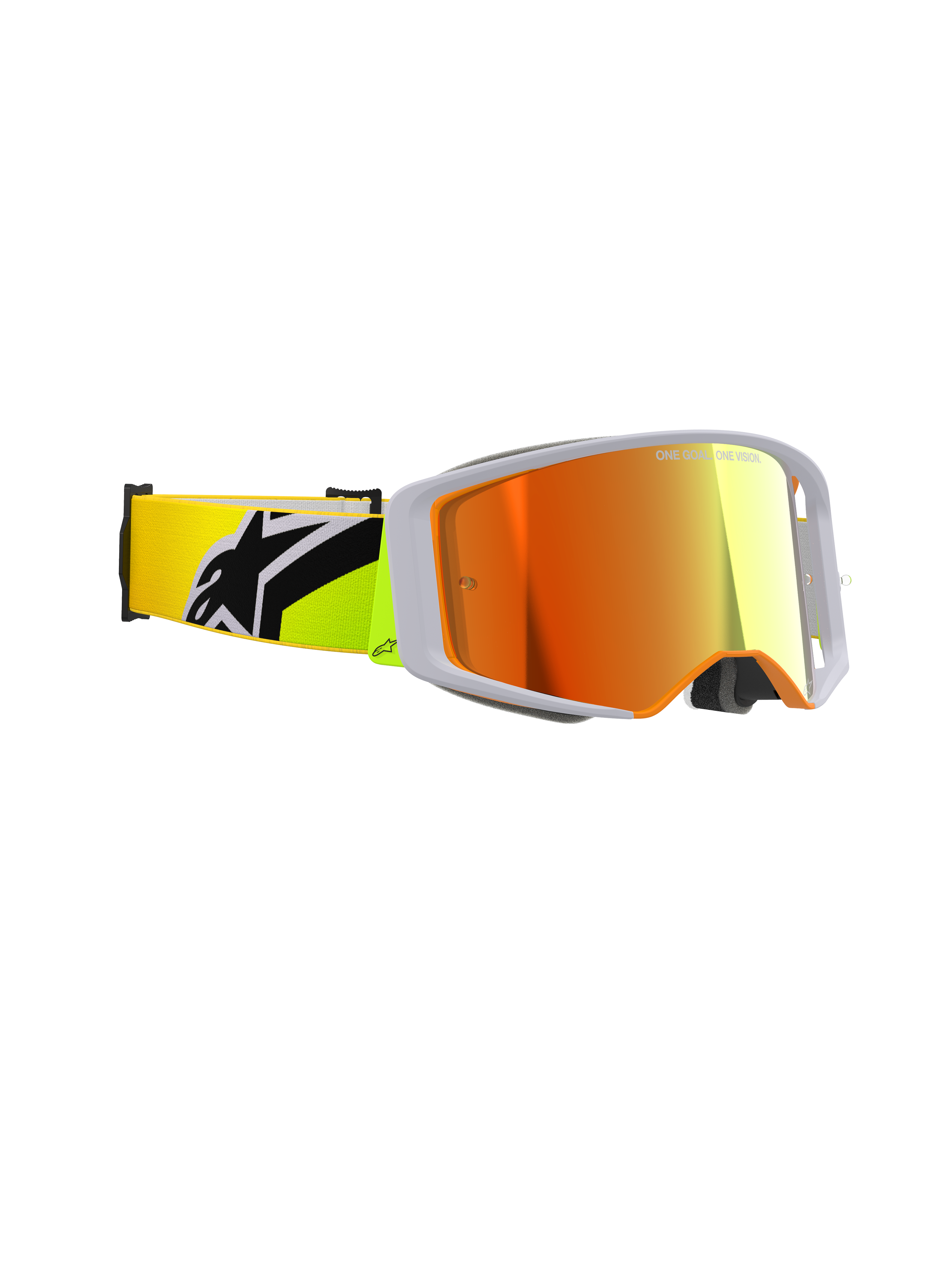 Occhiali Alpinestars Supertech Corp Absolute Vision, maschera da motocross, giallo fluo e grigio, lente rossa a specchio, vista laterale con ampia visione periferica e fascia giallo fluo con logo Alpinestars nero, attrezzatura professionale per gare off-road.