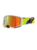 Alpinestars Supertech Corp Goggles Absolute Vision, occhiali da motocross, giallo fluo e grigio, lente rossa a specchio con scritta 'One Goal. One Vision.', fascia giallo fluorescente con logo Alpinestars nero e bianco, occhiali da fuoristrada ad alte prestazioni