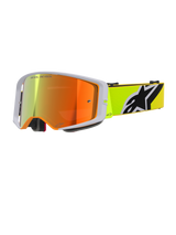 Alpinestars Supertech Corp Goggles Absolute Vision, occhiali da motocross, giallo fluo e grigio, lente rossa a specchio con scritta 'One Goal. One Vision.', fascia giallo fluorescente con logo Alpinestars nero e bianco, occhiali da fuoristrada ad alte prestazioni