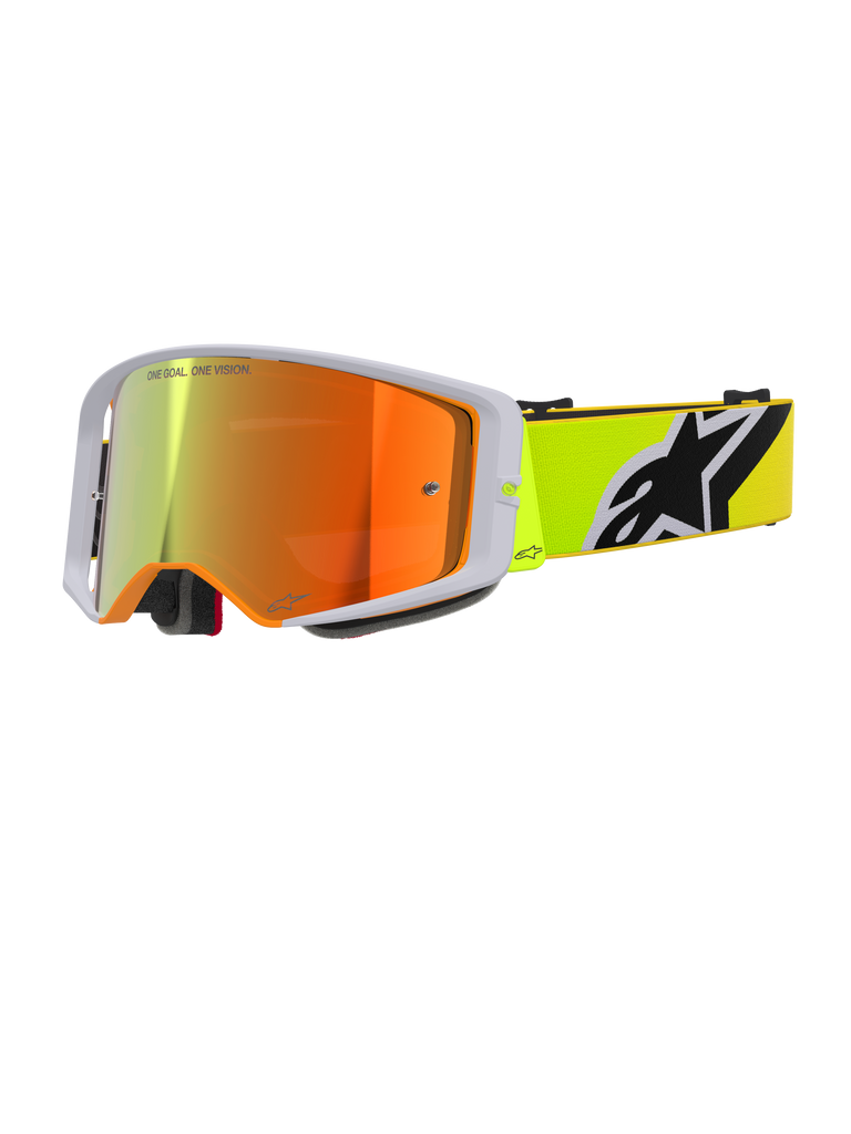 Alpinestars Supertech Corp Goggles Absolute Vision, occhiali da motocross, giallo fluo e grigio, lente rossa a specchio con scritta 'One Goal. One Vision.', fascia giallo fluorescente con logo Alpinestars nero e bianco, occhiali da fuoristrada ad alte prestazioni