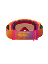 Alpinestars Supertech Corp Goggles Absolute Vision, maschere da motocross, montatura gialla e rosa con fascia sfumata multicolore, vista posteriore con schiuma facciale multistrato nera e testo 'ALPINESTARS ONE GOAL. ONE VISION.', protezione per gli occhi off-road ad alte prestazioni