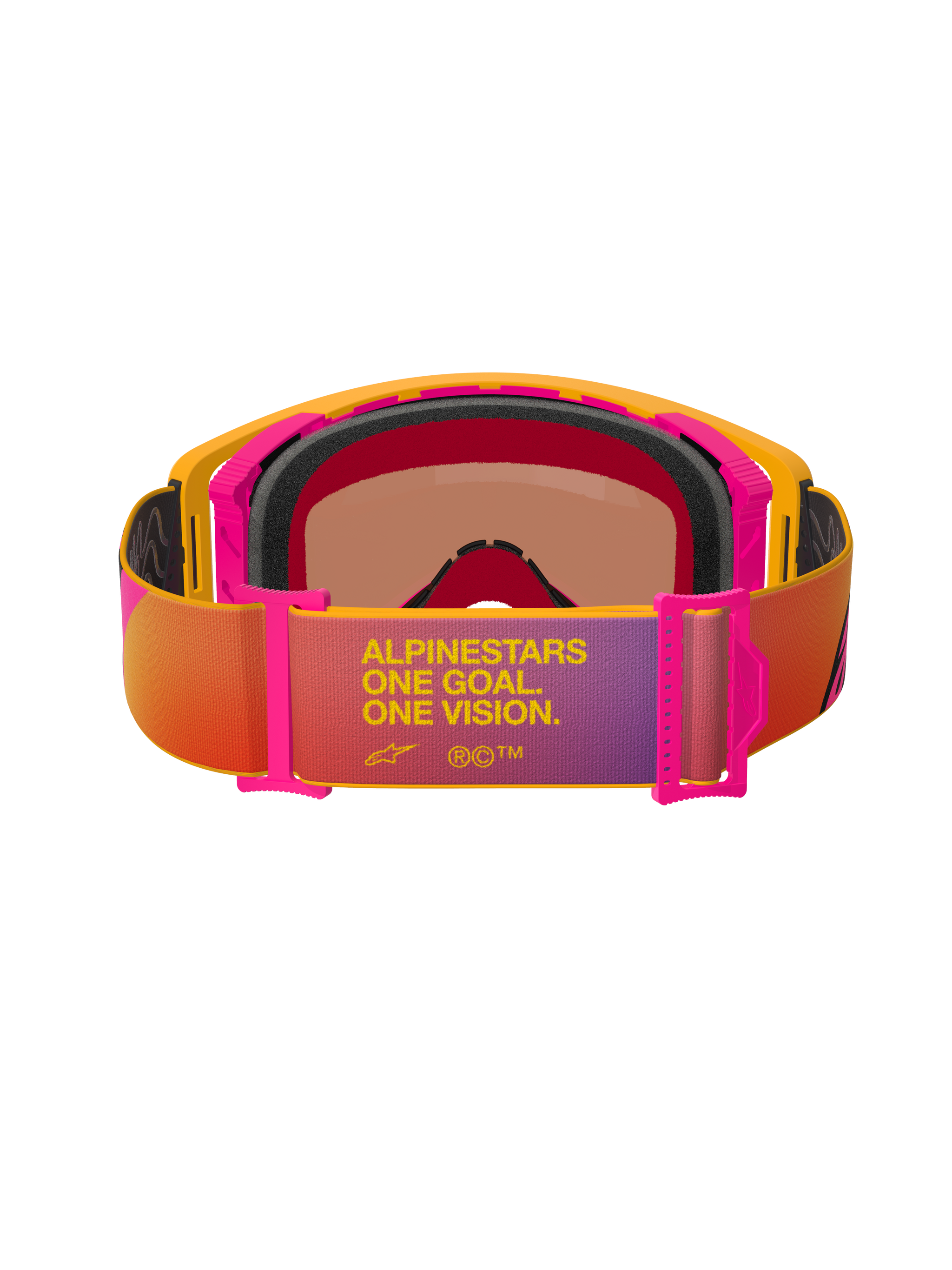 Alpinestars Supertech Corp Goggles Absolute Vision, maschere da motocross, montatura gialla e rosa con fascia sfumata multicolore, vista posteriore con schiuma facciale multistrato nera e testo 'ALPINESTARS ONE GOAL. ONE VISION.', protezione per gli occhi off-road ad alte prestazioni