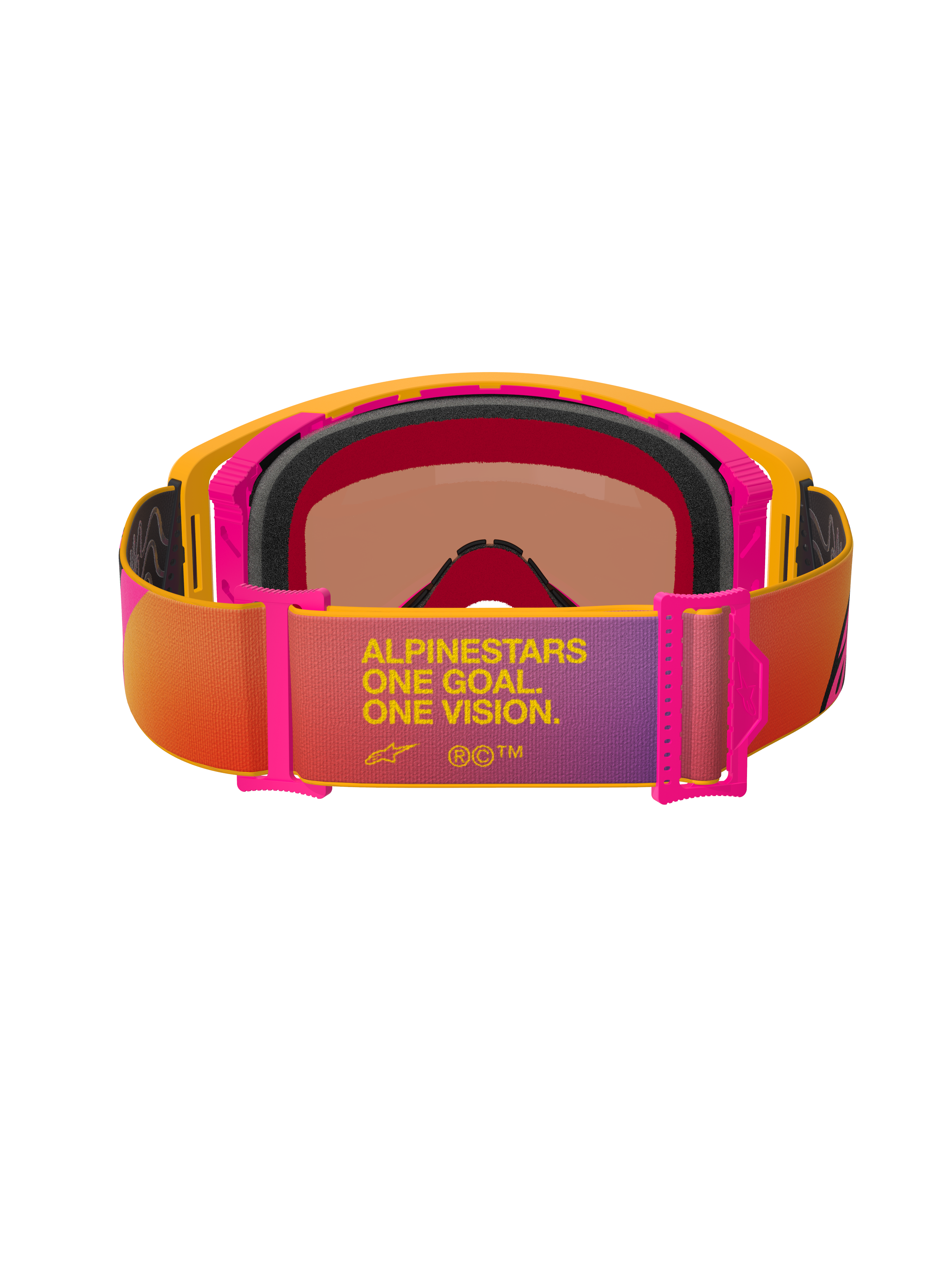 Alpinestars Supertech Corp Goggles Absolute Vision, maschere da motocross, montatura gialla e rosa con fascia sfumata multicolore, vista posteriore con schiuma facciale multistrato nera e testo 'ALPINESTARS ONE GOAL. ONE VISION.', protezione per gli occhi off-road ad alte prestazioni