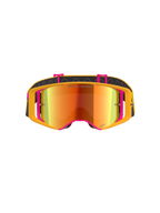Maschera Alpinestars Supertech Corp Absolute Vision, maschera da motocross, montatura gialla e rosa con lente a specchio rossa, vista frontale, con scritta 'ONE GOAL. ONE VISION.' sulla lente, fascia nera regolabile con inserti in silicone