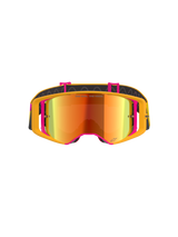 Maschera Alpinestars Supertech Corp Absolute Vision, maschera da motocross, montatura gialla e rosa con lente a specchio rossa, vista frontale, con scritta 'ONE GOAL. ONE VISION.' sulla lente, fascia nera regolabile con inserti in silicone