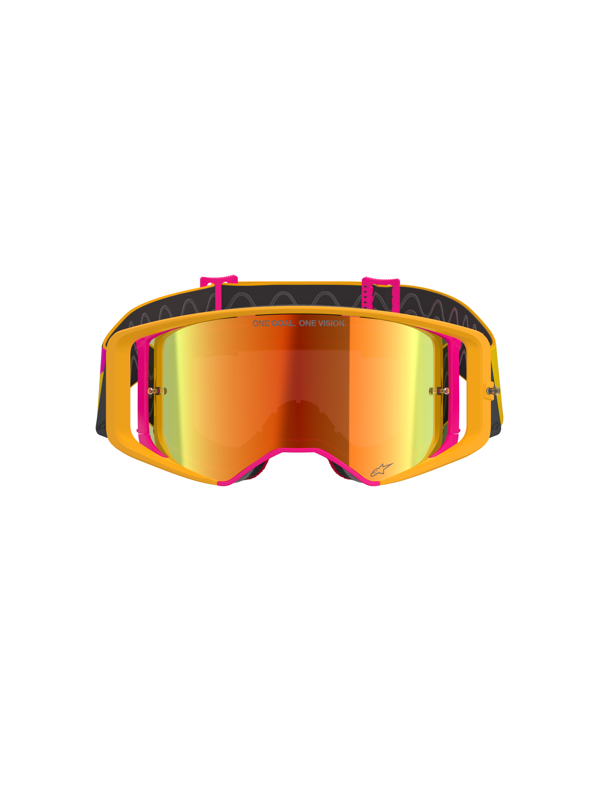 Maschera Alpinestars Supertech Corp Absolute Vision, maschera da motocross, montatura gialla e rosa con lente a specchio rossa, vista frontale, con scritta 'ONE GOAL. ONE VISION.' sulla lente, fascia nera regolabile con inserti in silicone