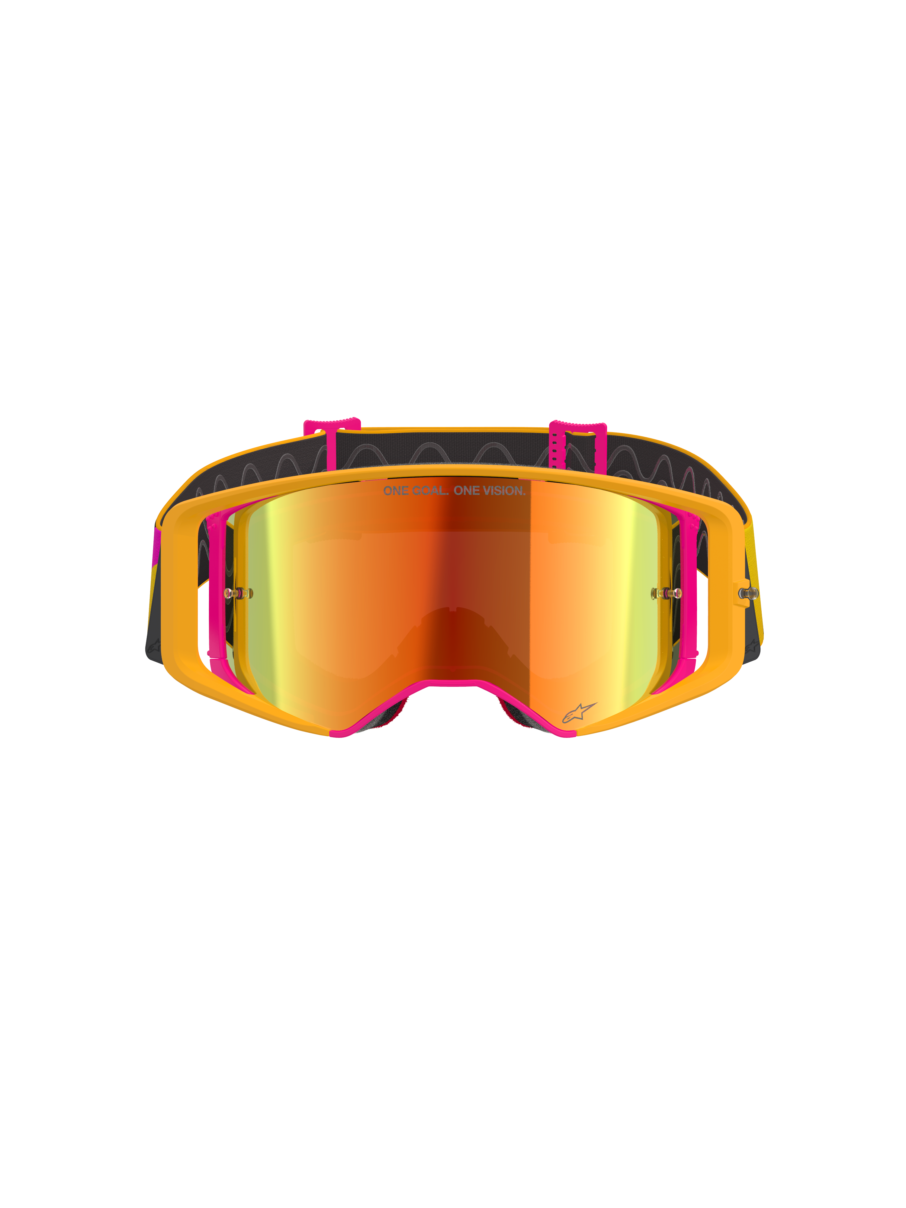 Maschera Alpinestars Supertech Corp Absolute Vision, maschera da motocross, montatura gialla e rosa con lente a specchio rossa, vista frontale, con scritta 'ONE GOAL. ONE VISION.' sulla lente, fascia nera regolabile con inserti in silicone