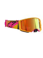 Maschere Alpinestars Supertech Corp Absolute Vision, maschere da motocross, giallo con accenti rosa e lente Mirror Red, caratterizzate da un'ampia fascia rosa e gialla con un grande logo Alpinestars, 'ONE GOAL. ONE VISION.' stampato sulla lente, occhiali da corsa ad alte prestazioni per uso fuoristrada
