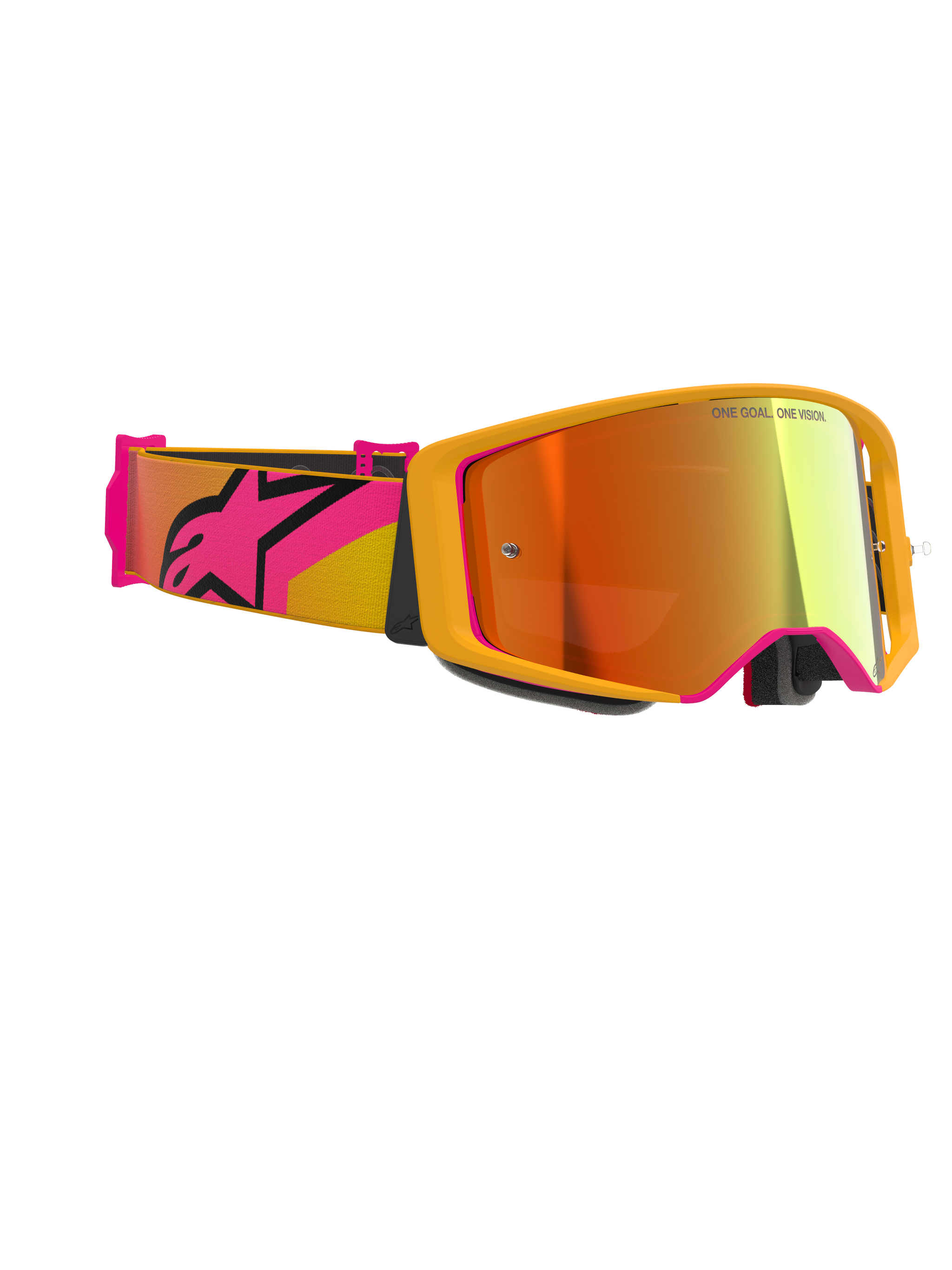 Maschere Alpinestars Supertech Corp Absolute Vision, maschere da motocross, giallo con accenti rosa e lente Mirror Red, caratterizzate da un'ampia fascia rosa e gialla con un grande logo Alpinestars, 'ONE GOAL. ONE VISION.' stampato sulla lente, occhiali da corsa ad alte prestazioni per uso fuoristrada