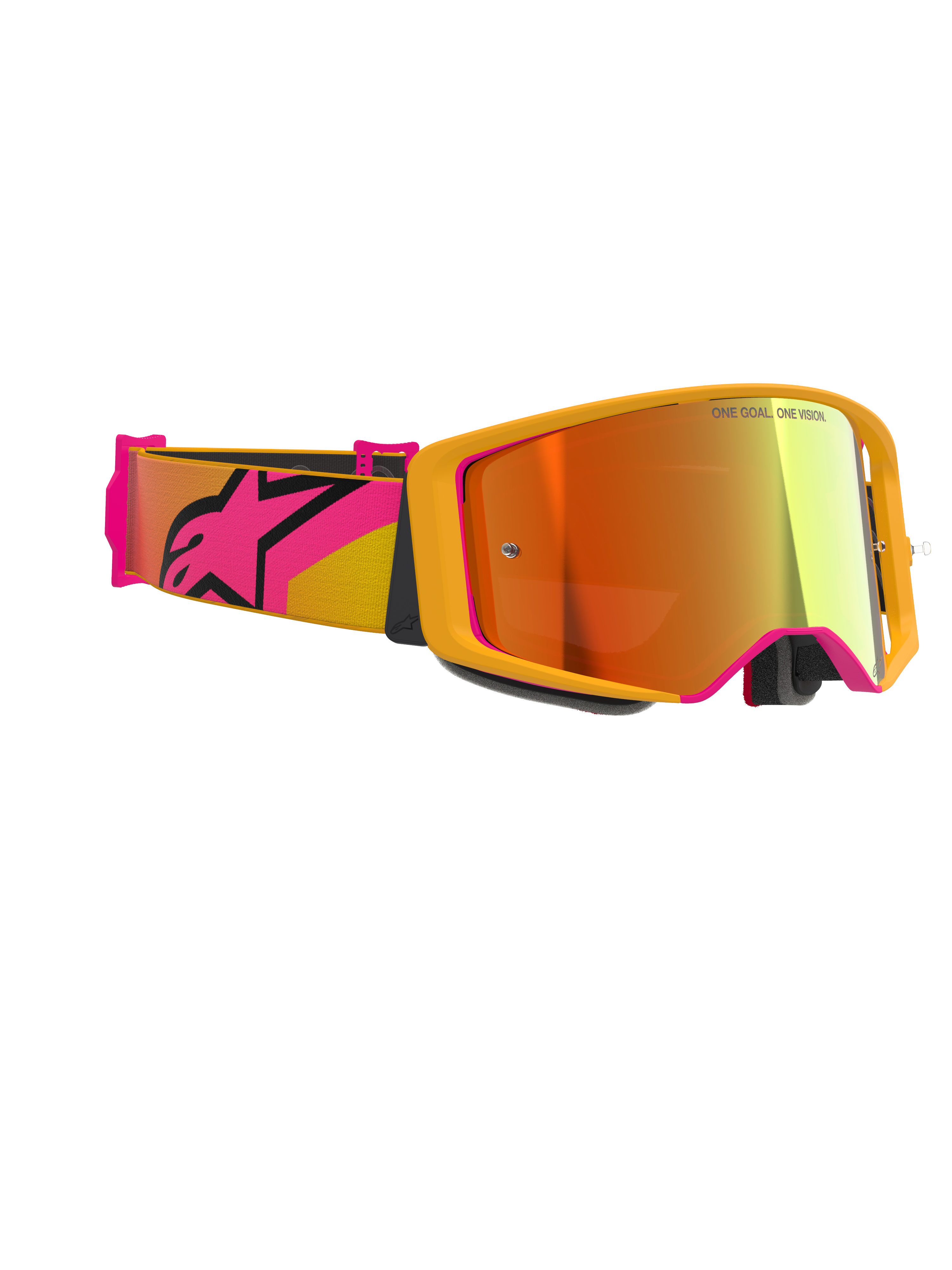 Maschere Alpinestars Supertech Corp Absolute Vision, maschere da motocross, giallo con accenti rosa e lente Mirror Red, caratterizzate da un'ampia fascia rosa e gialla con un grande logo Alpinestars, 'ONE GOAL. ONE VISION.' stampato sulla lente, occhiali da corsa ad alte prestazioni per uso fuoristrada