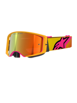 Alpinestars Supertech Corp Goggles Absolute Vision, maschere da motocross, giallo e rosa con lente specchiata rossa, montatura giallo brillante, lente specchiata con riflessi arancioni e rossi, fascia gialla con grande logo a stella Alpinestars rosa, occhiali professionali per gare off-road