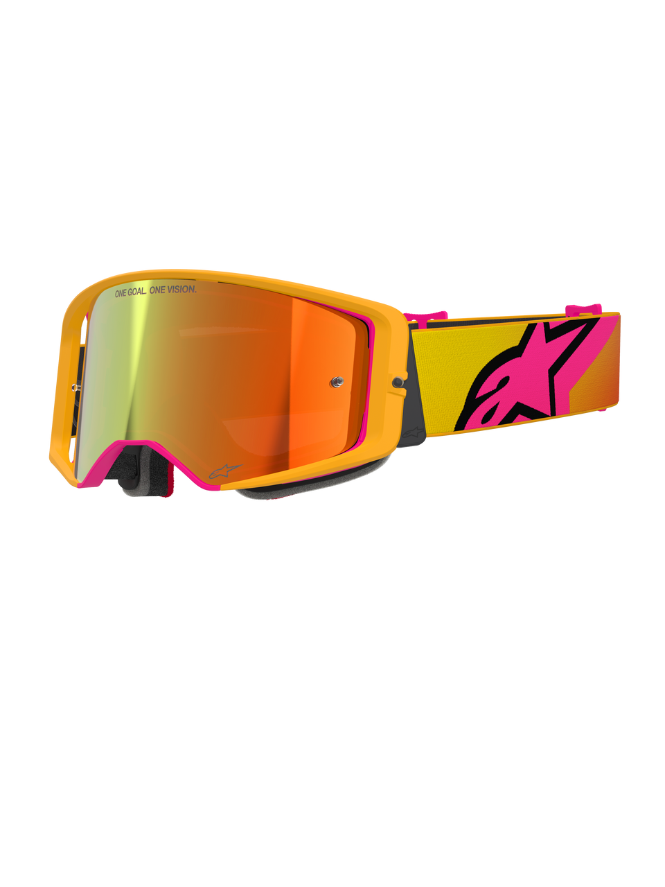Alpinestars Supertech Corp Goggles Absolute Vision, maschere da motocross, giallo e rosa con lente specchiata rossa, montatura giallo brillante, lente specchiata con riflessi arancioni e rossi, fascia gialla con grande logo a stella Alpinestars rosa, occhiali professionali per gare off-road