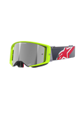 Alpinestars Supertech Corp Goggles Absolute Vision, occhiali da motocross MX, montatura giallo fluo con lente a specchio argento, cinturino grigio con grande logo a stella rosso e bianco, branding 'ONE GOAL. ONE VISION.' sulla lente, design resistente per corse fuoristrada