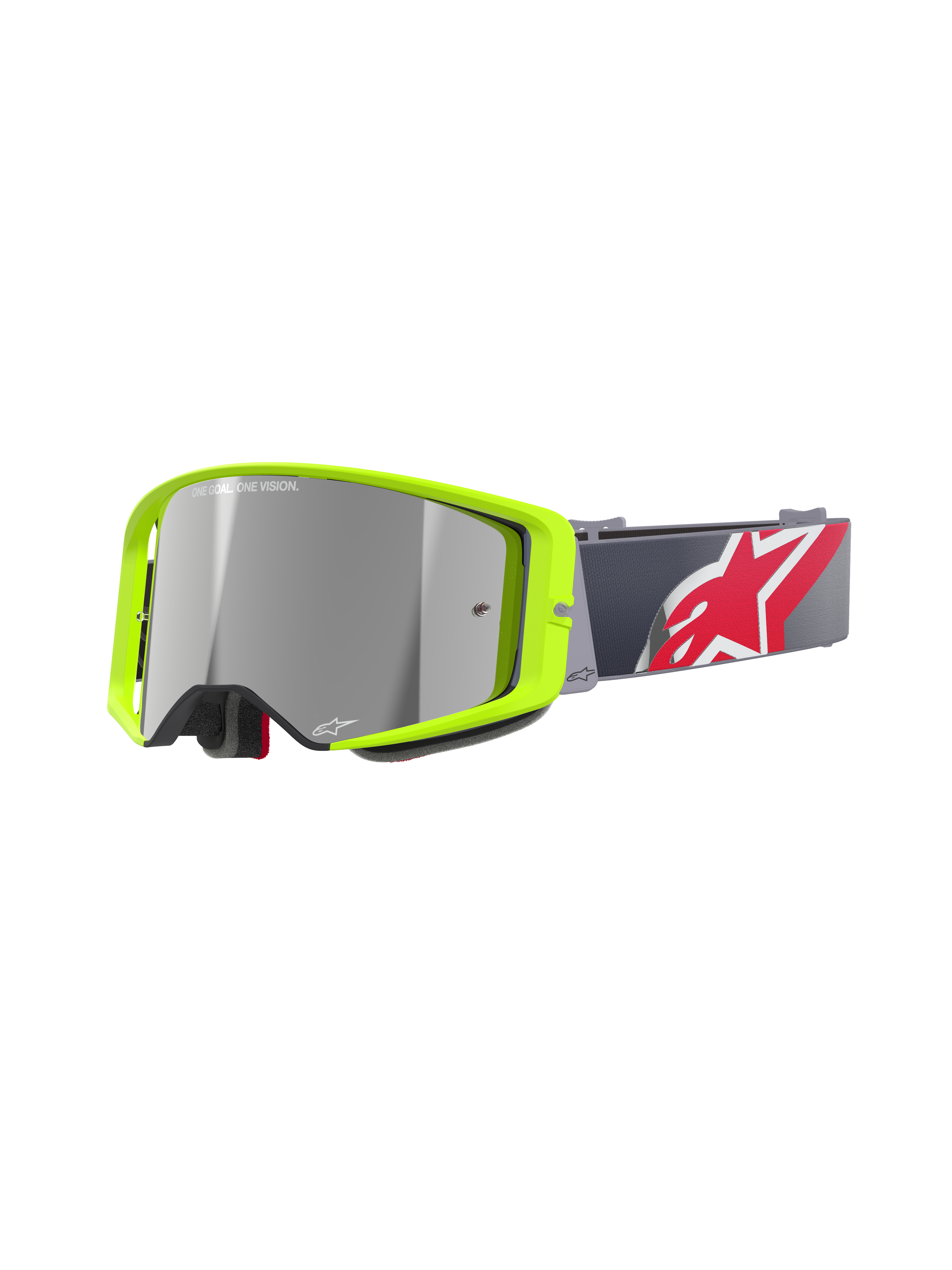 Alpinestars Supertech Corp Goggles Absolute Vision, occhiali da motocross MX, montatura giallo fluo con lente a specchio argento, cinturino grigio con grande logo a stella rosso e bianco, branding 'ONE GOAL. ONE VISION.' sulla lente, design resistente per corse fuoristrada
