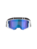 Alpinestars Supertech Corp Goggles Absolute Vision, occhiali da motocross, montatura bianca e blu con lente blu a specchio, con scritta 'ONE GOAL. ONE VISION.' sulla lente, fascia regolabile bianca e nera, occhiali ad alte prestazioni per gare fuoristrada