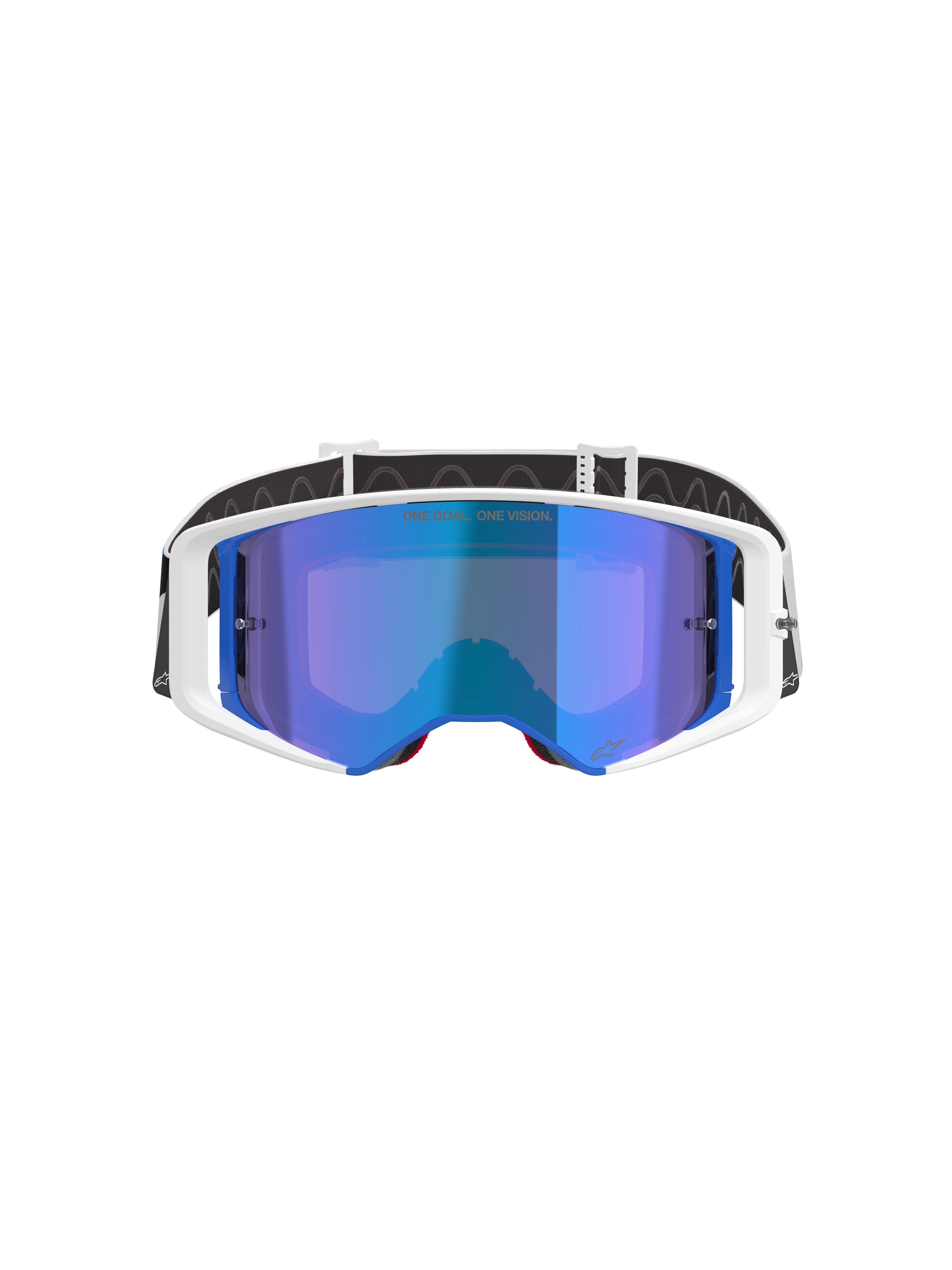 Alpinestars Supertech Corp Goggles Absolute Vision, occhiali da motocross, montatura bianca e blu con lente blu a specchio, con scritta 'ONE GOAL. ONE VISION.' sulla lente, fascia regolabile bianca e nera, occhiali ad alte prestazioni per gare fuoristrada