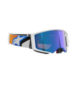 Alpinestars Supertech Corp Goggles Absolute Vision, maschere da motocross, montatura bianca con lente a specchio blu, fascia regolabile con design grafico blu e arancione e logo Alpinestars, occhiali professionali da fuoristrada