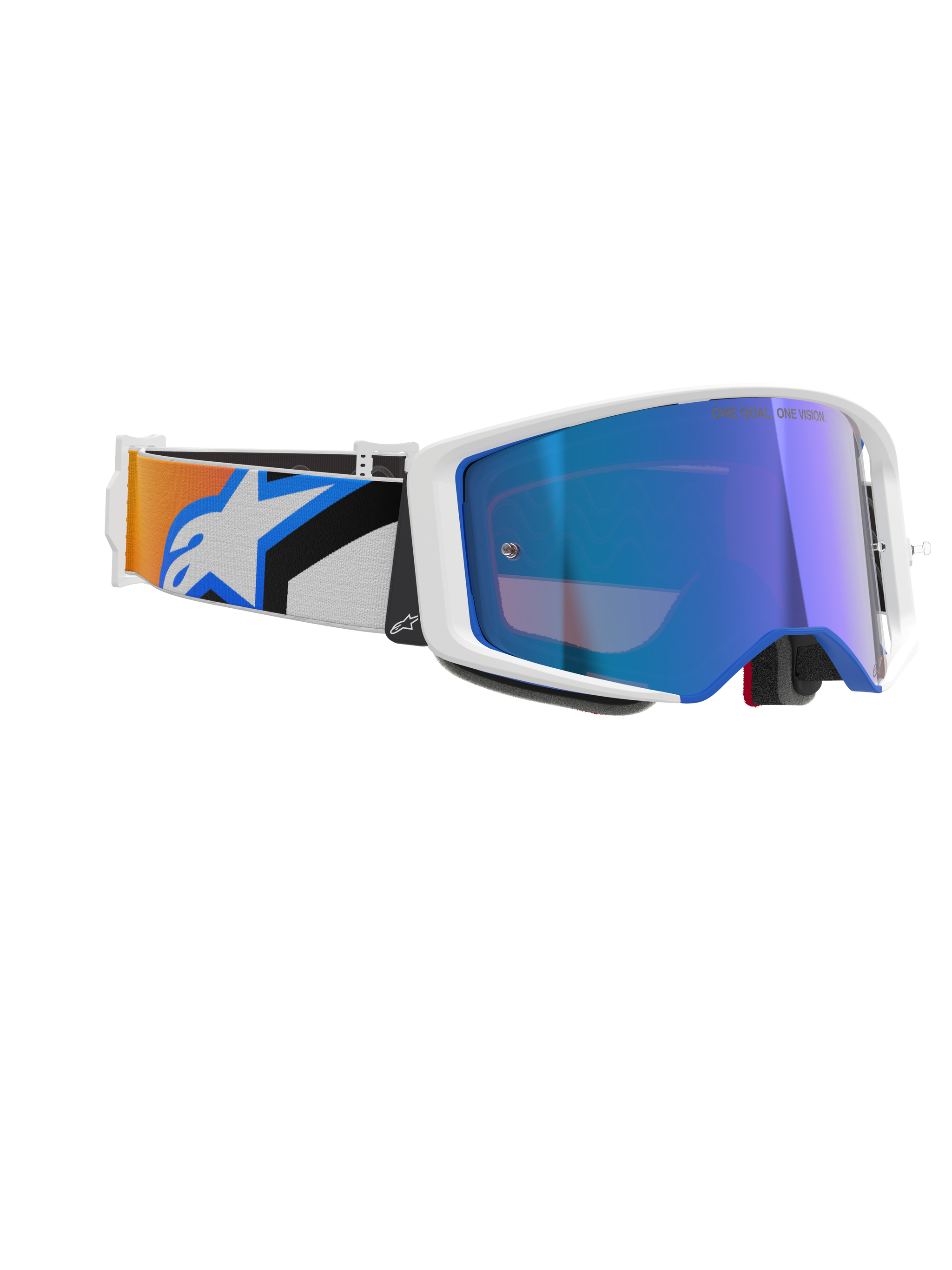 Alpinestars Supertech Corp Goggles Absolute Vision, maschere da motocross, montatura bianca con lente a specchio blu, fascia regolabile con design grafico blu e arancione e logo Alpinestars, occhiali professionali da fuoristrada