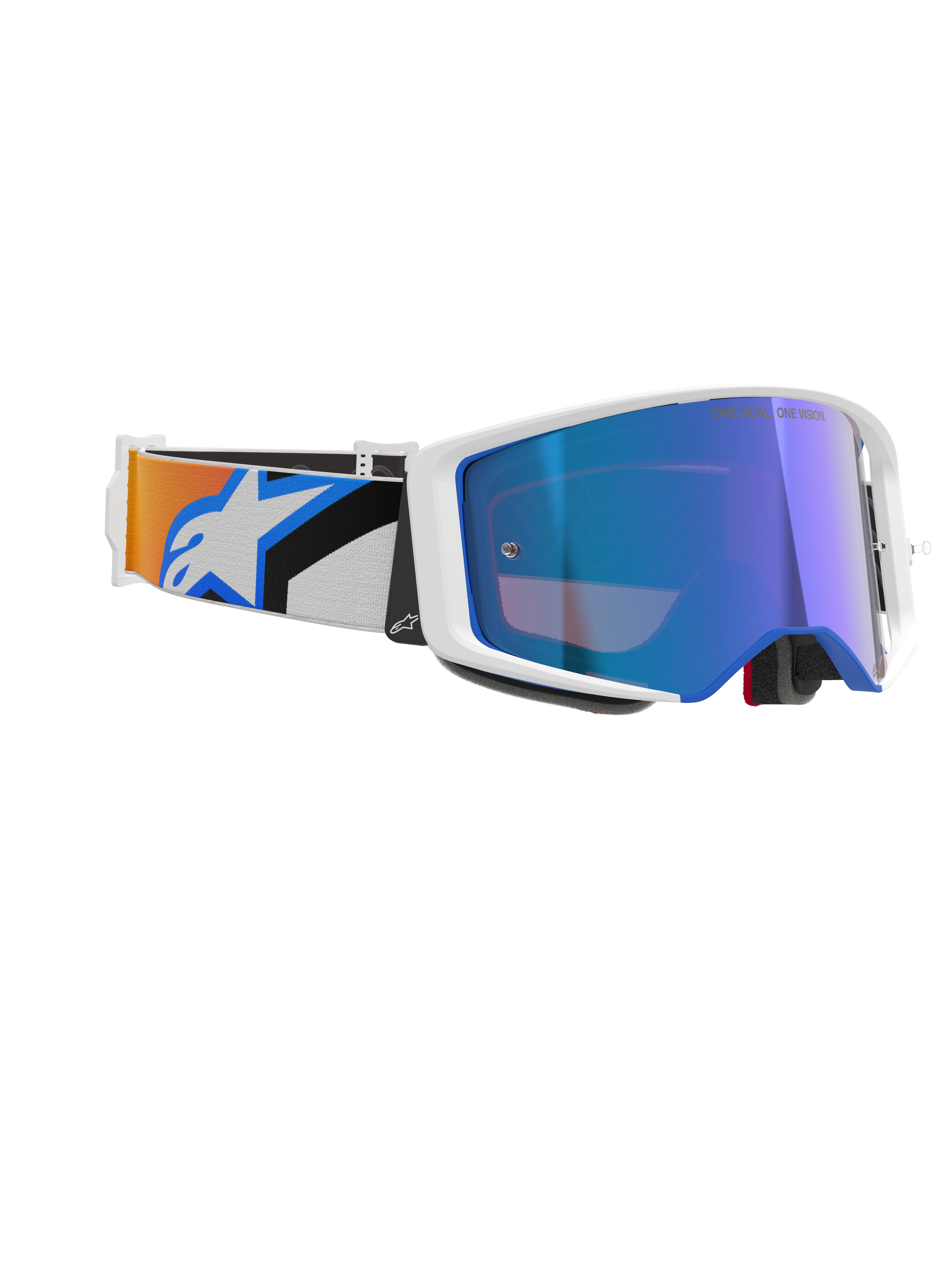 Alpinestars Supertech Corp Goggles Absolute Vision, maschere da motocross, montatura bianca con lente a specchio blu, fascia regolabile con design grafico blu e arancione e logo Alpinestars, occhiali professionali da fuoristrada