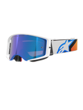 Maschere Alpinestars Supertech Corp Absolute Vision, maschere da motocross, blu e arancione con lente blu specchiata, montatura bianca e blu, ampio cinturino bianco con logo a stella blu e accenti arancioni, protezione oculare ad alte prestazioni per il fuoristrada