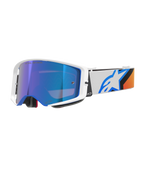 Maschere Alpinestars Supertech Corp Absolute Vision, maschere da motocross, blu e arancione con lente blu specchiata, montatura bianca e blu, ampio cinturino bianco con logo a stella blu e accenti arancioni, protezione oculare ad alte prestazioni per il fuoristrada