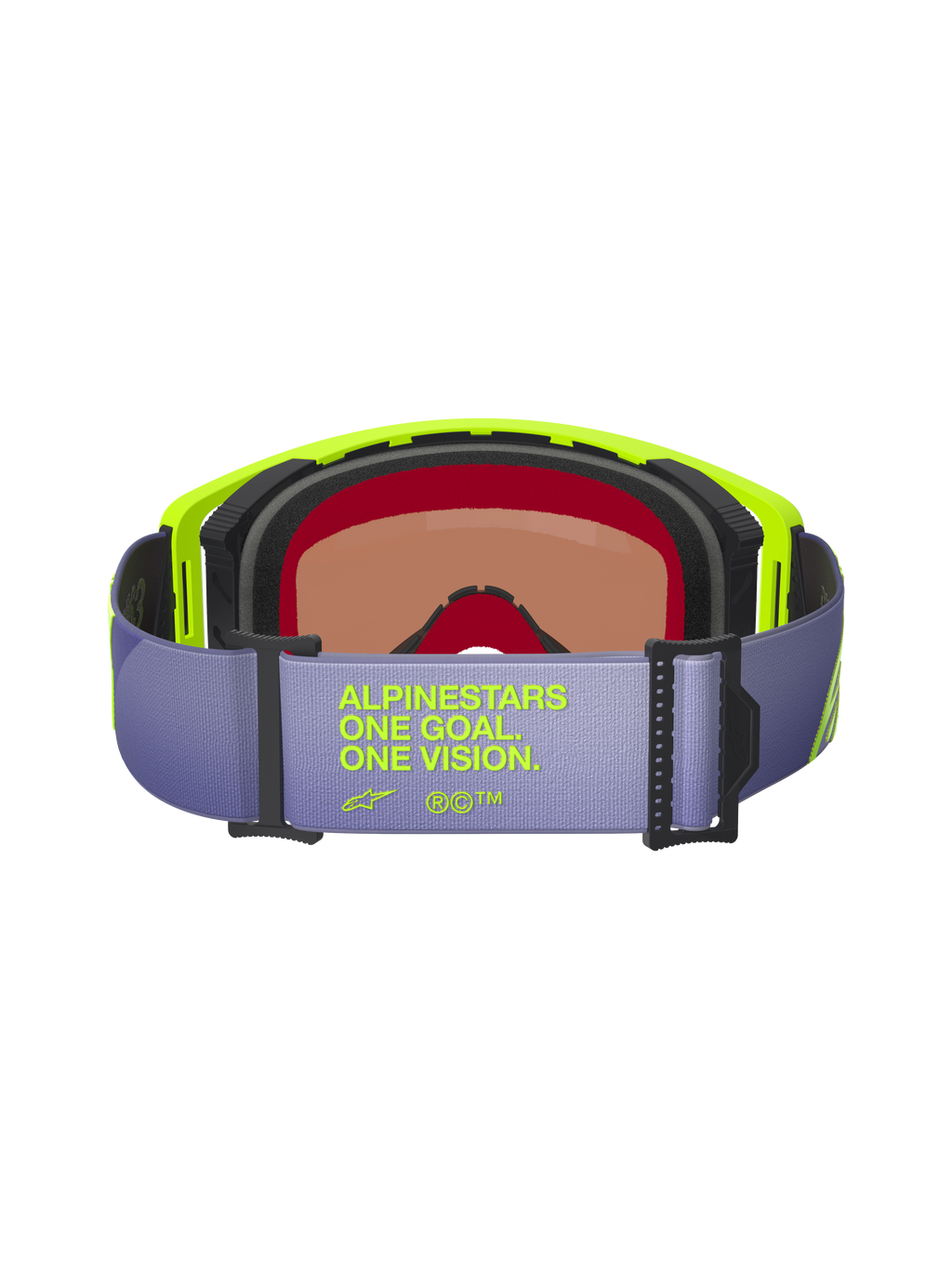 Alpinestars Supertech Vision Corp Goggles, vista posteriore, cinturino viola chiaro con scritta giallo neon 'ALPINESTARS ONE GOAL. ONE VISION.', montatura giallo neon, schiuma facciale multistrato nera e lente oscurata per motocross e gare off-road