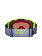 Alpinestars Supertech Vision Corp Goggles, vista posteriore, cinturino viola chiaro con scritta giallo neon 'ALPINESTARS ONE GOAL. ONE VISION.', montatura giallo neon, schiuma facciale multistrato nera e lente oscurata per motocross e gare off-road