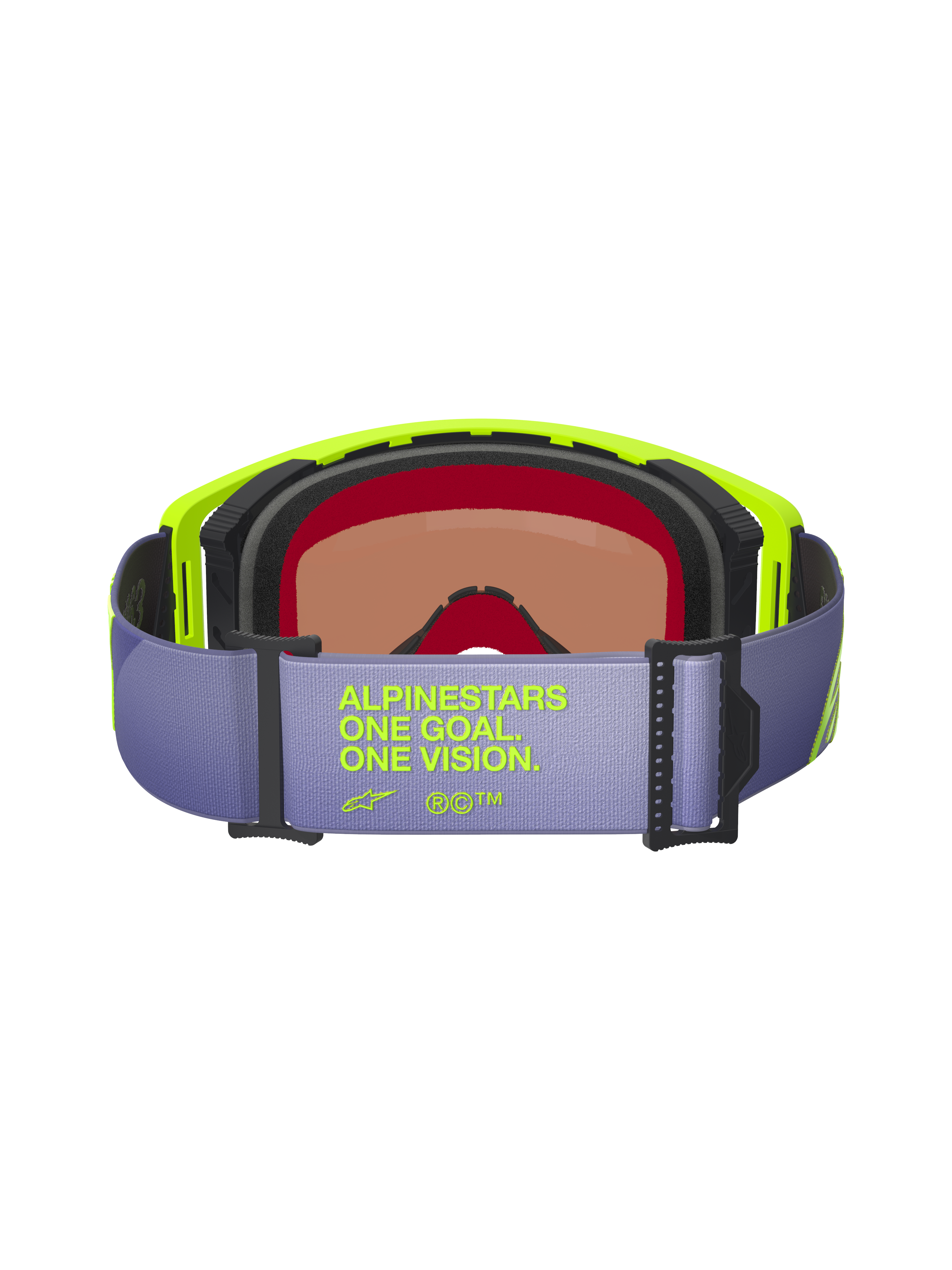 Alpinestars Supertech Vision Corp Goggles, vista posteriore, cinturino viola chiaro con scritta giallo neon 'ALPINESTARS ONE GOAL. ONE VISION.', montatura giallo neon, schiuma facciale multistrato nera e lente oscurata per motocross e gare off-road