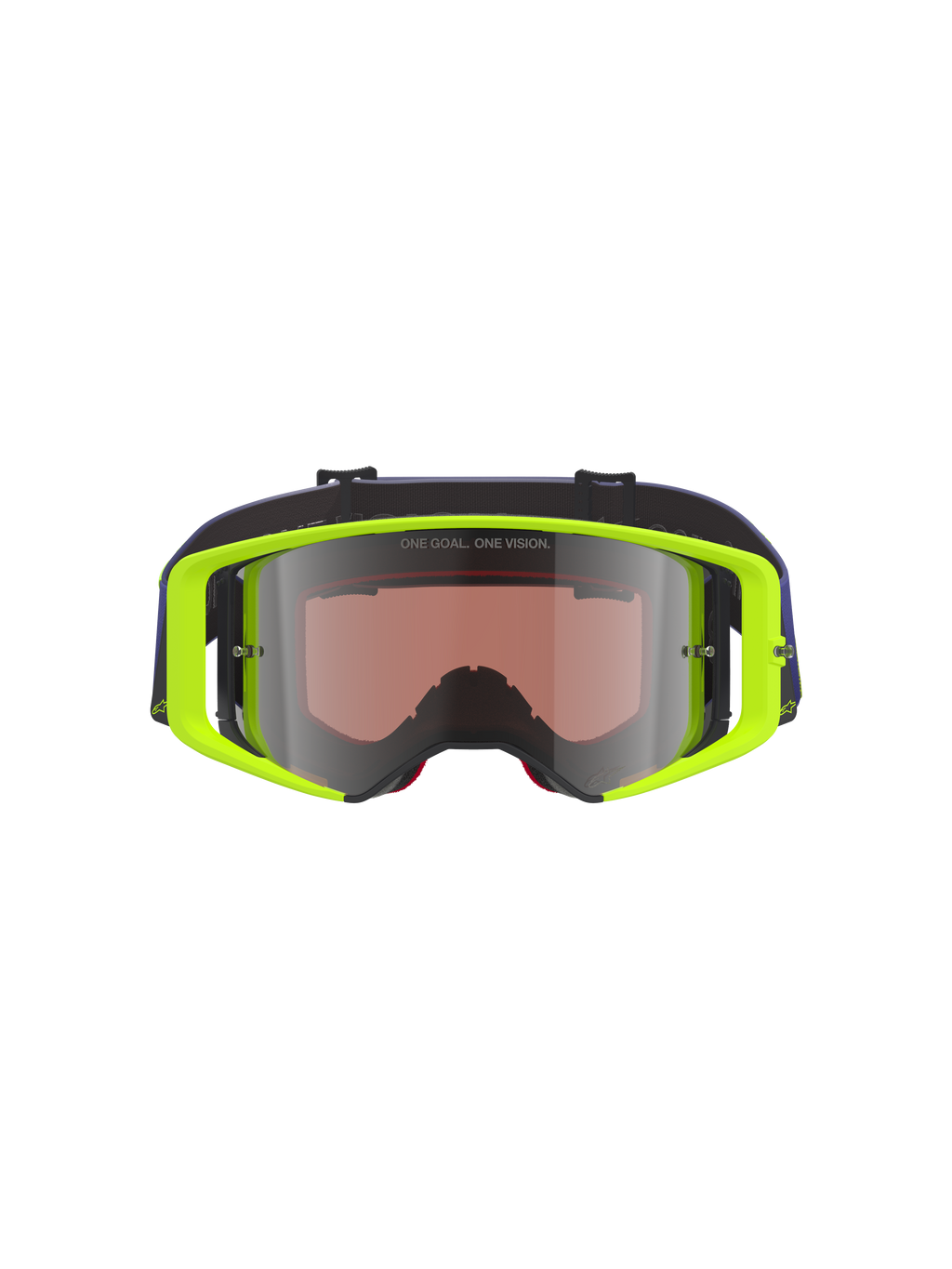 Alpinestars Supertech Vision Corp Goggles, maschere da motocross, montatura giallo fluo con fascia viola, lente specchiata argento con scritta 'ONE GOAL. ONE VISION.', protezione oculare ad alte prestazioni per gare fuoristrada