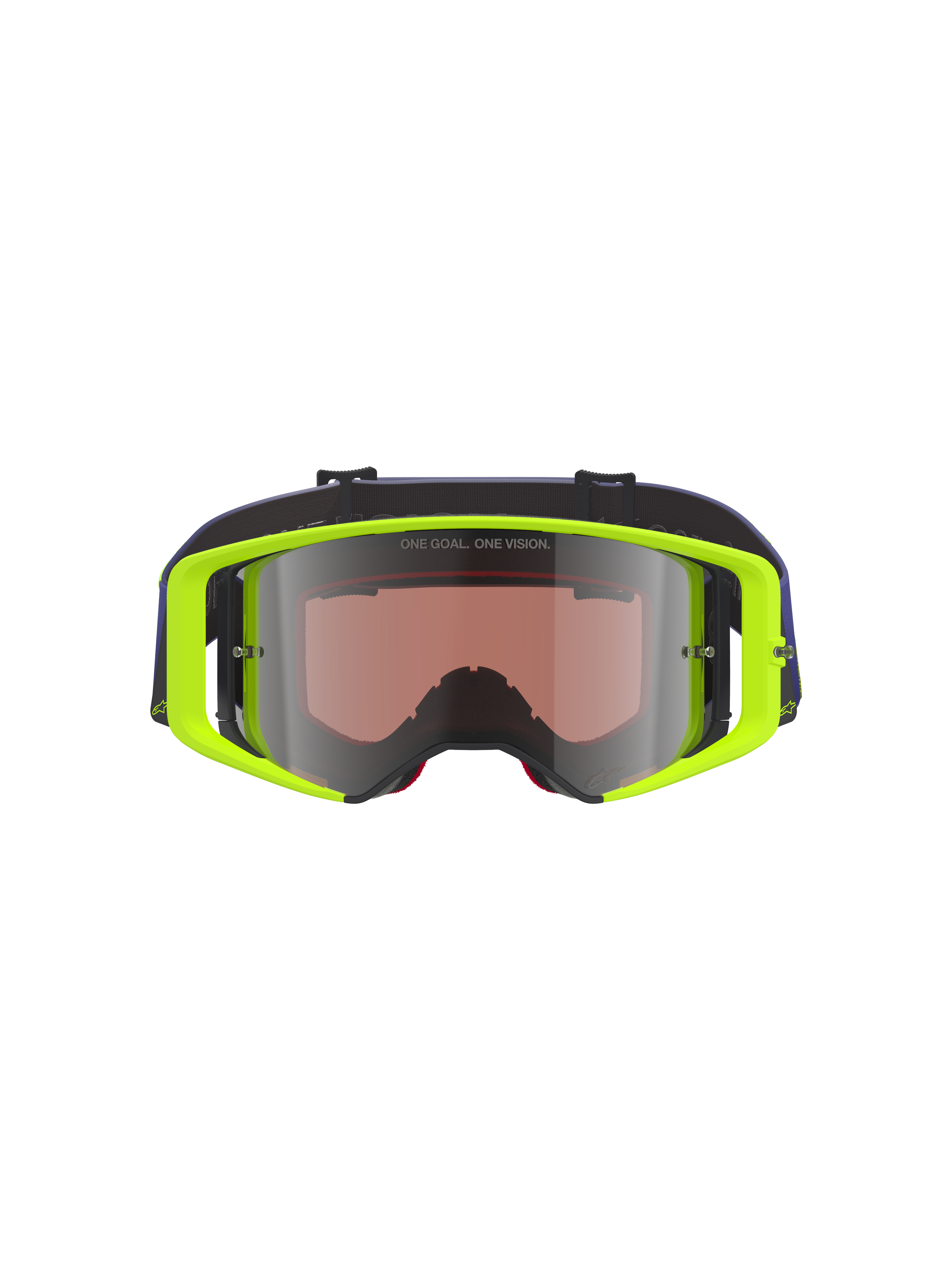 Alpinestars Supertech Vision Corp Goggles, maschere da motocross, montatura giallo fluo con fascia viola, lente specchiata argento con scritta 'ONE GOAL. ONE VISION.', protezione oculare ad alte prestazioni per gare fuoristrada