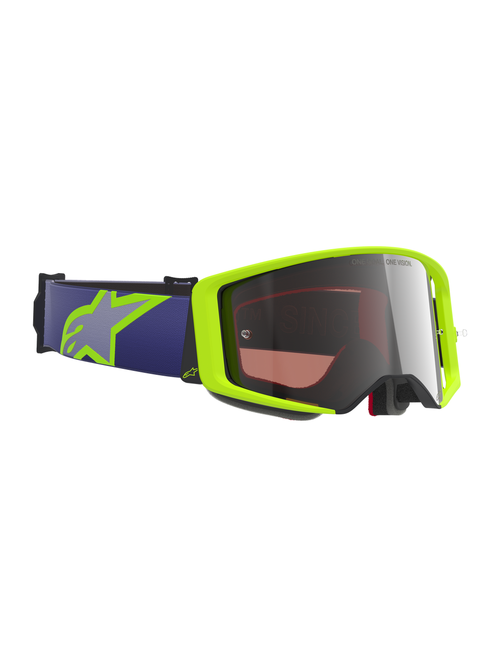 Alpinestars Supertech Vision Corp Goggles, maschera da motocross, giallo fluorescente e viola, lente argento specchiata, fascia elastica viola con logo Astars giallo lime, protezione oculare specializzata per gare di motocross e fuoristrada