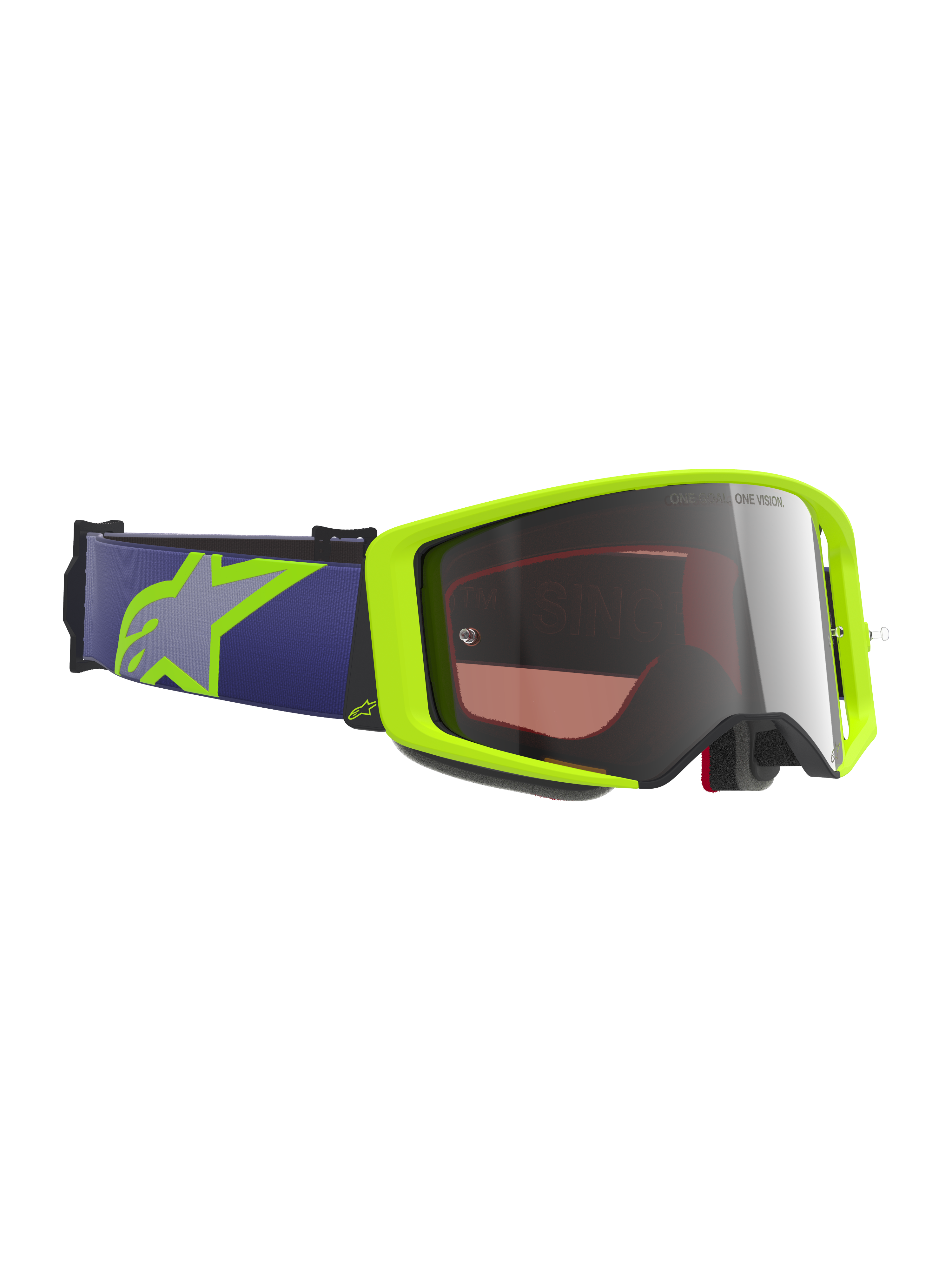 Alpinestars Supertech Vision Corp Goggles, maschera da motocross, giallo fluorescente e viola, lente argento specchiata, fascia elastica viola con logo Astars giallo lime, protezione oculare specializzata per gare di motocross e fuoristrada