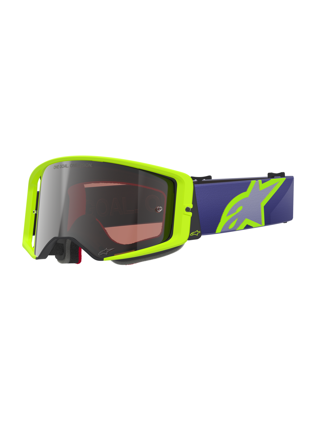 Alpinestars Supertech Vision Corp Goggles, occhiali da motocross e off-road, giallo neon e viola, lente a specchio argento con scritta One Goal One Vision, cinturino viola con grande logo a stella giallo neon, imbottitura in schiuma nera, design della lente curva ad alta resistenza agli urti