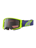 Alpinestars Supertech Vision Corp Goggles, occhiali da motocross e off-road, giallo neon e viola, lente a specchio argento con scritta One Goal One Vision, cinturino viola con grande logo a stella giallo neon, imbottitura in schiuma nera, design della lente curva ad alta resistenza agli urti