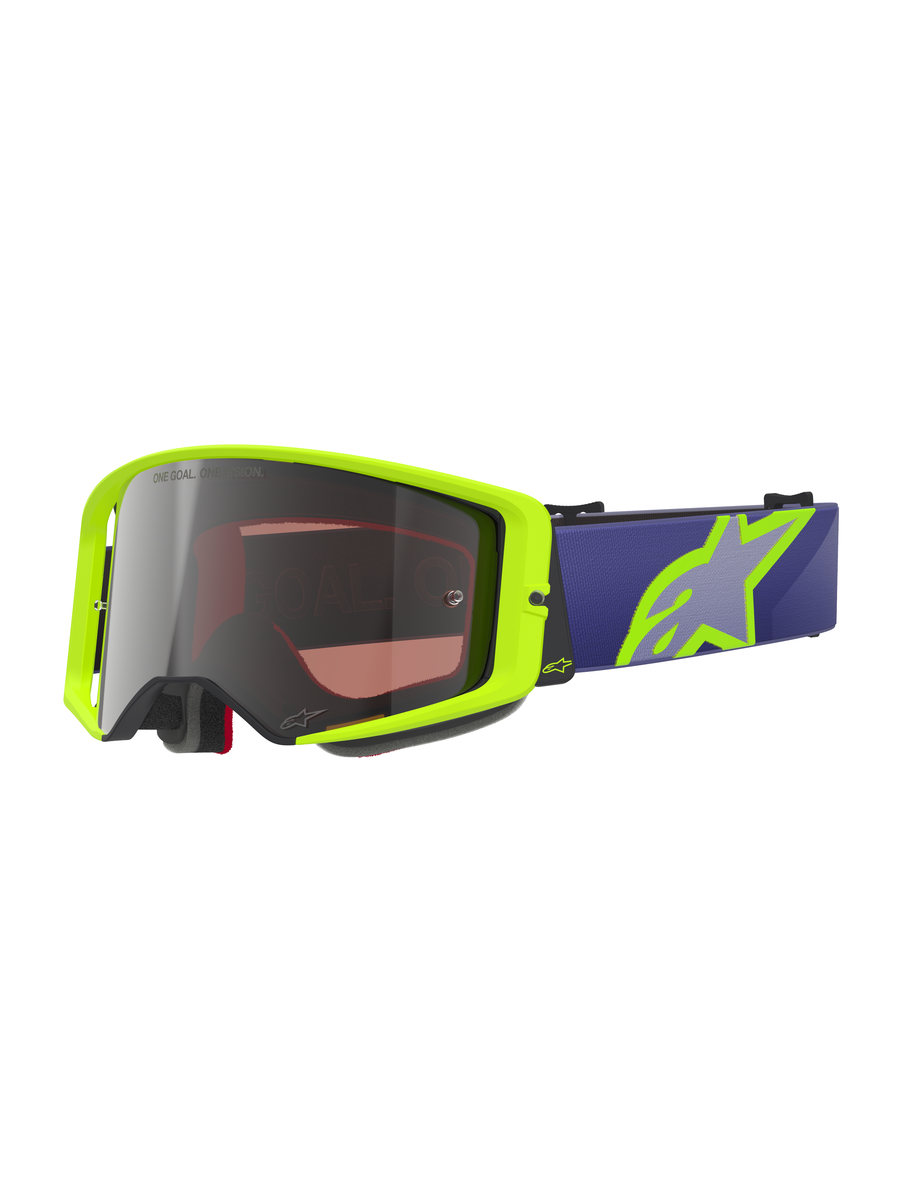Alpinestars Supertech Vision Corp Goggles, occhiali da motocross e off-road, giallo neon e viola, lente a specchio argento con scritta One Goal One Vision, cinturino viola con grande logo a stella giallo neon, imbottitura in schiuma nera, design della lente curva ad alta resistenza agli urti