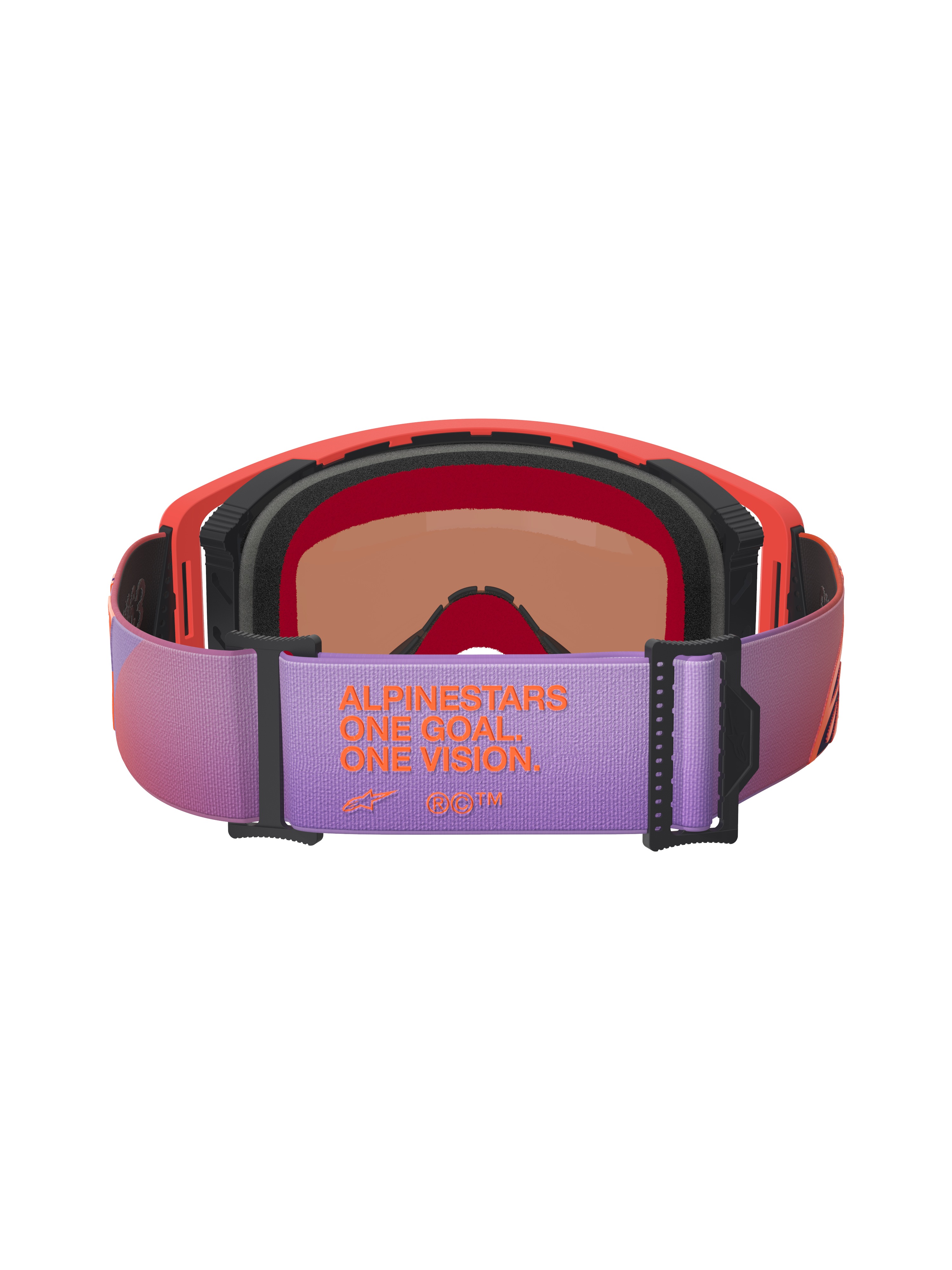 Alpinestars Supertech Vision Corp Goggles, maschere da motocross, vista posteriore con cinturino regolabile viola e branding arancione 'ALPINESTARS ONE GOAL ONE VISION', montatura hot coral con schiuma nera, occhiali ad alte prestazioni per corse fuoristrada