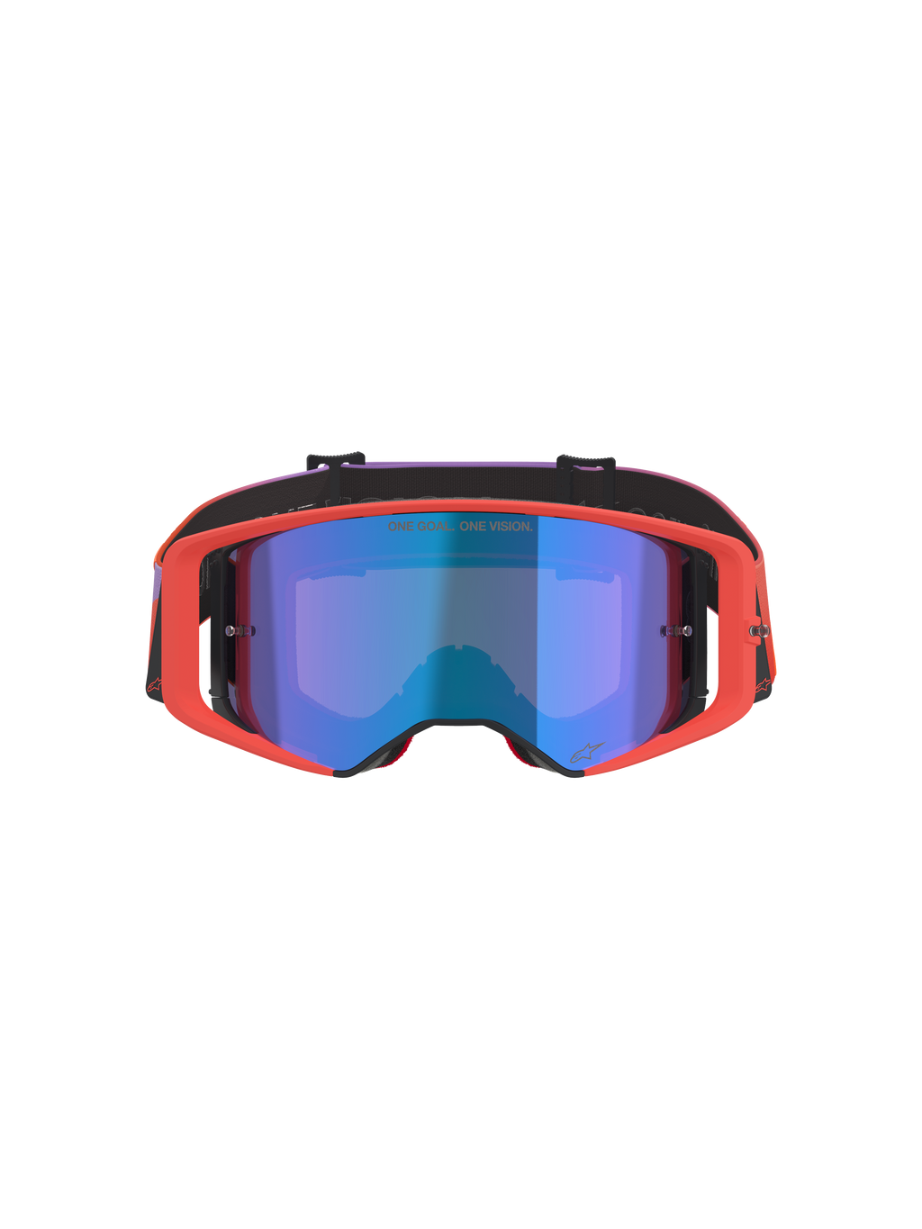 Maschere Alpinestars Supertech Vision Corp, maschere da motocross, montatura Hot Coral con lente blu a specchio, fascia con sfumatura viola e arancione, caratterizzate dalla scritta 'ONE GOAL. ONE VISION.', protezione per gli occhi ad alte prestazioni per gare off-road