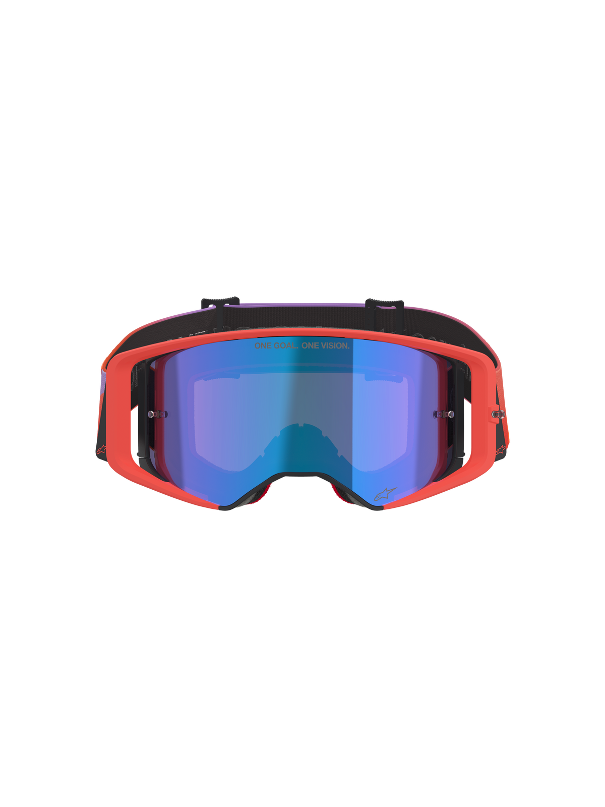Maschere Alpinestars Supertech Vision Corp, maschere da motocross, montatura Hot Coral con lente blu a specchio, fascia con sfumatura viola e arancione, caratterizzate dalla scritta 'ONE GOAL. ONE VISION.', protezione per gli occhi ad alte prestazioni per gare off-road