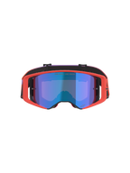 Maschere Alpinestars Supertech Vision Corp, maschere da motocross, montatura Hot Coral con lente blu a specchio, fascia con sfumatura viola e arancione, caratterizzate dalla scritta 'ONE GOAL. ONE VISION.', protezione per gli occhi ad alte prestazioni per gare off-road