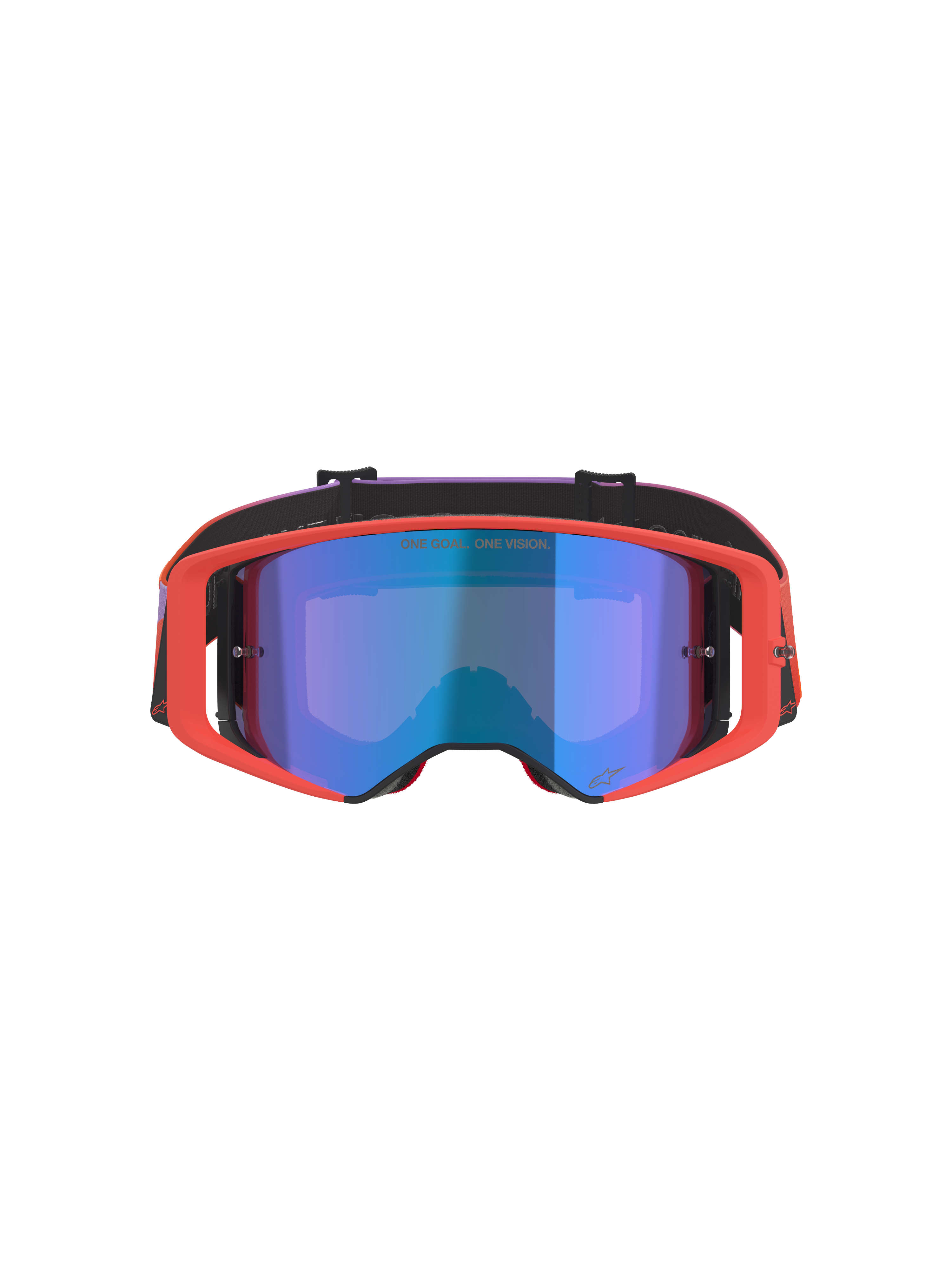 Maschere Alpinestars Supertech Vision Corp, maschere da motocross, montatura Hot Coral con lente blu a specchio, fascia con sfumatura viola e arancione, caratterizzate dalla scritta 'ONE GOAL. ONE VISION.', protezione per gli occhi ad alte prestazioni per gare off-road