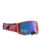Maschere Alpinestars Supertech Vision Corp, maschere da motocross, montatura Hot Coral e lente Mirror Blue, con fascia a motivi viola e corallo e logo a stella blu scuro, design collaudato nei campionati per corse off-road